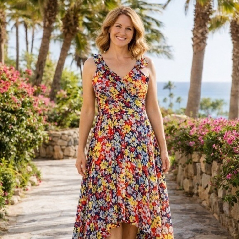 Lulus Floral High Maxi Dress M Red Yellow Blue Ruffle High Low Wrap‎ Summer Boho